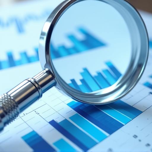 A magnifying glass over business analytics charts