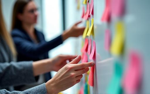 People collaborating around a whiteboard with sticky notes