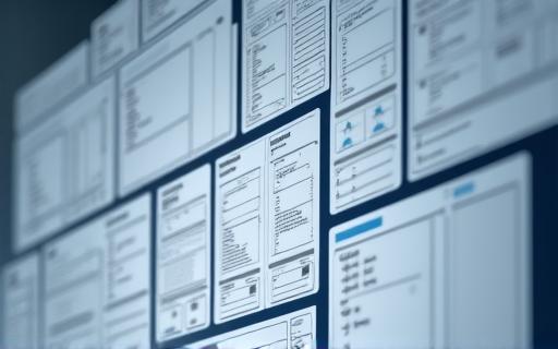 Wireframes on a screen illustrating UI/UX development